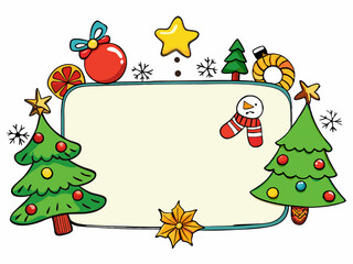 Merry Christmas Frame: Festive cartoon frame with Christmas trees, ornaments, snowflakes, snowman and a star, perfect for greetings, messages and winter-themed designs.