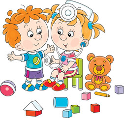 Preschool children playing doctor and patient, a friendly smiling little girl in a doctor hat and with a toy stethoscope listening to a belly of a little boy, vector cartoon illustration on white