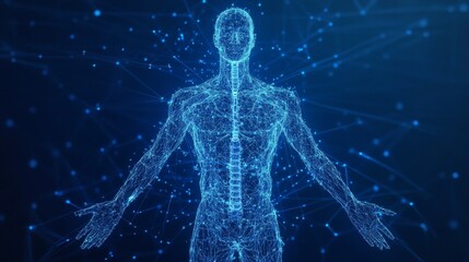 Digital Representation of a Human Figure Surrounded by Glowing Data Particles in a Dark Environment