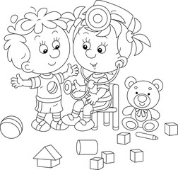 Preschool children playing doctor and patient, a friendly smiling little girl in a doctor hat and with a toy stethoscope listening to a belly of a little boy, black and white vector illustration