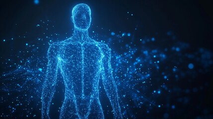 Digital Representation of a Human Figure Surrounded by Glowing Data Particles in a Dark Environment