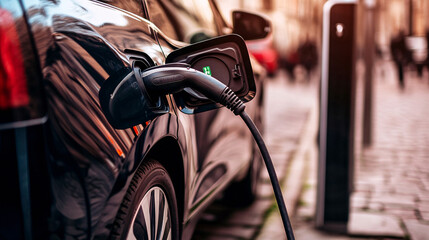 EV car plug in with charging station to recharge electricity from EV charger display battery status hologram in green park as futuristic eco lifestyle in city and utilization of clean energy.