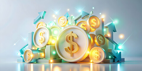 Fototapeta premium 3D Abstract Glowing Financial Symbols Concept as a Dynamic Digital Art Piece Featuring Dollar Signs, Coins, and Arrows in Abstract Environment - 3D Icon Isolated on White Background