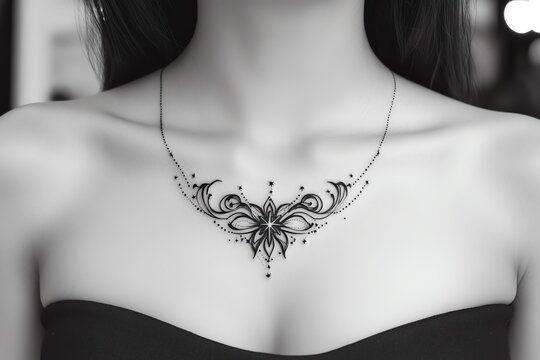 A constellation tattoo of the zodiac sign, with stars connected by fine lines and dots, stretching across the collarbone