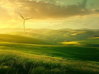 Obraz premium A single wind turbine stands tall against a backdrop of rolling hills and a vibrant green field at sunset.