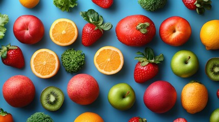 Naklejka premium Colorful Fruit and Vegetable Arrangement on Blue Background