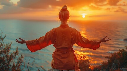 person meditating on the beach at sunset Serene sunrise qigong practice by the ocean