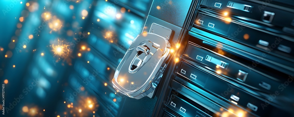 Poster server security lock with glowing lights.