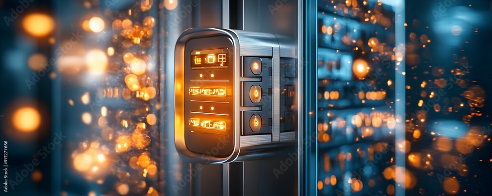 Poster server rack with illuminated control panel.