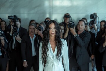 Obraz premium A woman with dark wavy long hair stands confidently in a white outfit as photographers capture her moment at a high-profile event