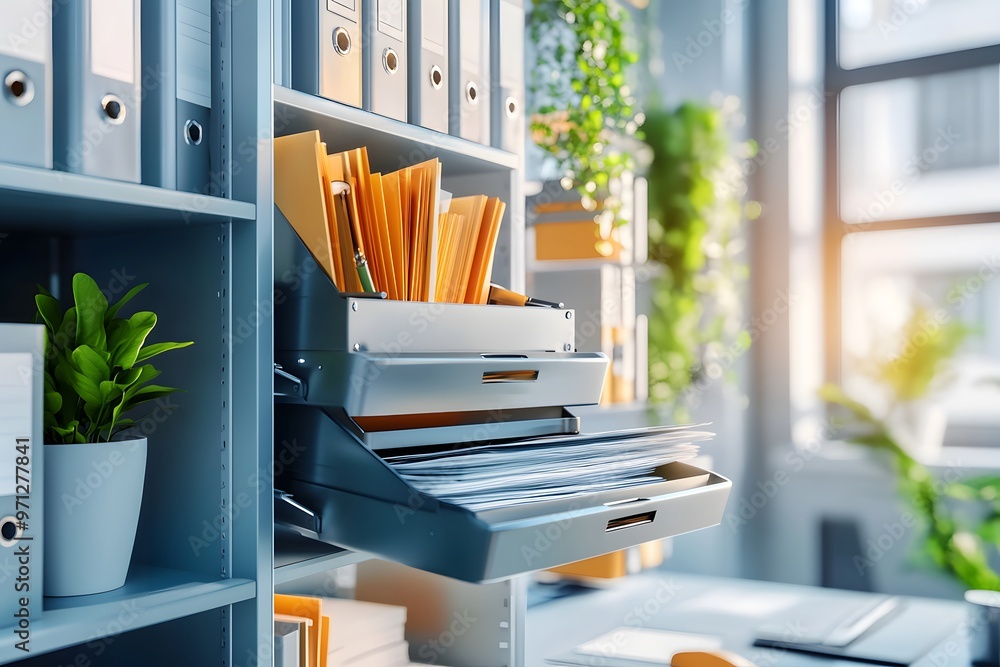 Poster open drawer with papers and folders in an office setting.