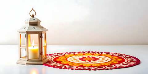 Flat Abstract Rangoli and Lantern Elements - Isolated Vector Design Featuring Intricate Festive Details and Soft Lighting on White Background