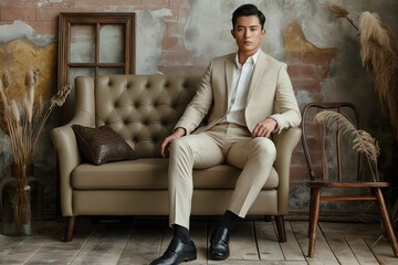 Obraz premium A handsome Chinese man in a stylish beige suit sitting elegantly on a vintage sofa in a rustic setting