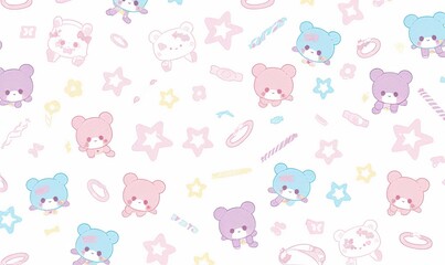 A playful pattern featuring cute pastel bears and stars on a white background.