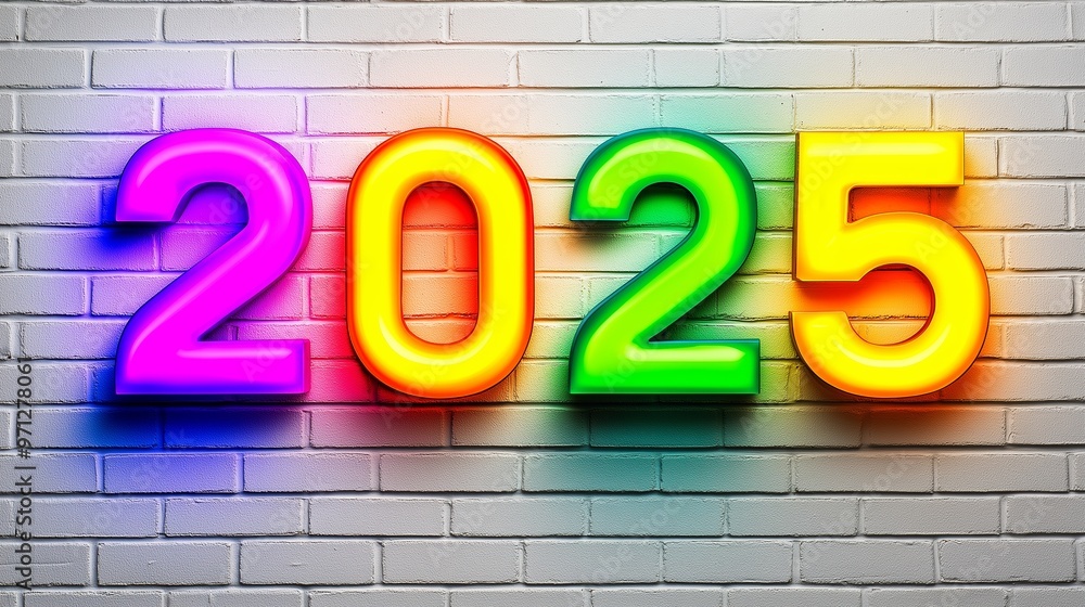 Poster a colorful display of the number 2025 on a brick wall. the numbers are made up of different colored 