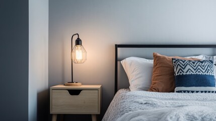 Modern nightstand lamp glows by a grey bedroom's king bed