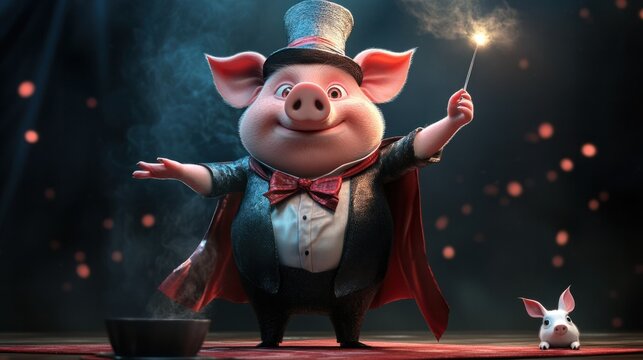 A pig cartoon character dressed as a magician, performing tricks with a wand and pulling a rabbit from a hat.