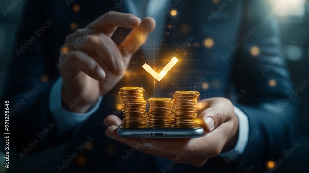 Poster digital finance innovation with stacked coins and a mobile device during a professional presentation