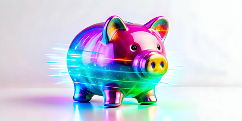 Flat Glowing Abstract Digital Piggy Bank Illustration: Vibrant Neon Concept Representing Modern Savings with Light Effects for Financial Tech Banners