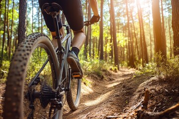 Naklejka premium Mountain biker riding on the forest trail. Extreme sport with generative ai