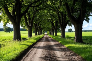 Obraz premium A dirt road lined with tall oak trees, their branches forming a natural arch overhead, leading to a quiet countryside
