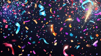 Colorful confetti and glitter swirling in celebration during a festive event at night