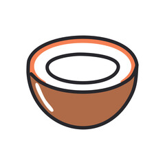 Coconut half. Opened coconut shell with white milk inside, symbolizing tropical flavors and natural goodness.
