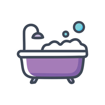 recommend clip art: Bath time icon. Purple bathtub with shower head and bubbles. Relaxing and cleansing.