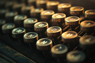 a close-up on typewriter keys, sepia tones, a grainy texture, and a vintage style. The text is written in white letters with a black background, with a blurry focus effect for an old-school film look.