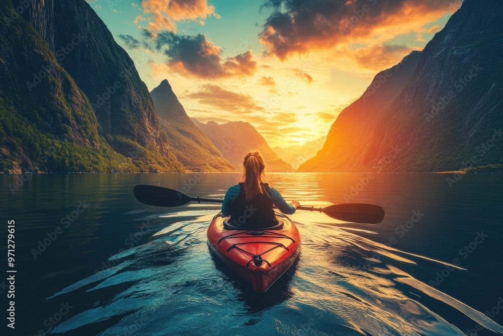 Wall mural Woman kayaking on a lake with green mountains, nature landscape, summer activity