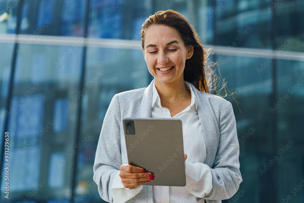 Wall mural a smiling businesswoman in a light suit uses a tablet outside a modern glass building.