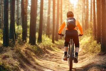 Naklejka premium Mountain biker riding on the forest trail. Extreme sport with generative ai