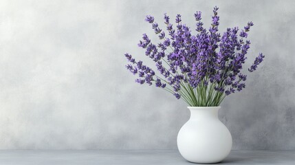 Lavender flowers arranged in a white vase on a grey background table. Generative Ai