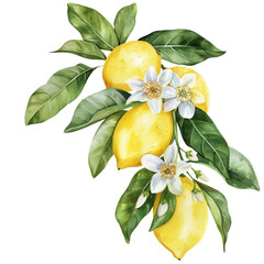 Yellow lemon with stem, flower and leaves