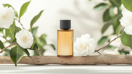 In a serene camellia forest, white camellias create a minimalist backdrop. A 30ml brown glass bottle with a black cap, containing milky essence visible through the glass, lies on an old branch. Sunlig