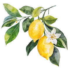 Yellow lemon with stem, flower and leaves