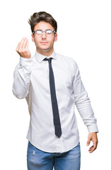 Young business man wearing glasses over isolated background Doing Italian gesture with hand and fingers confident expression