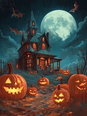 Fototapeta premium Haunted Forest with Full Moon and Halloween Pumpkins