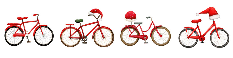 Fototapeta premium Colorful collection of red bicycles decorated for the holiday season, perfect for festive themes and seasonal designs.