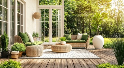 Obraz premium In the summertime, a modern patio has an open kitchen space and sliding doors