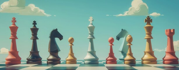 Colorful Chess pieces on chessboard against blue sky chess symbols strategy and competition concept