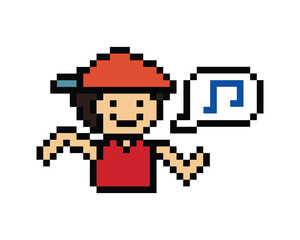 Fototapeta premium Cute pixel cartoon 8bit character man exercises training dance lifestyle music decoration life style 8 bit male boy dance with music game fitness isolated PNG vector.
