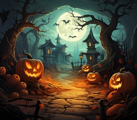 Fototapeta premium Haunted Forest with Full Moon and Halloween Pumpkins