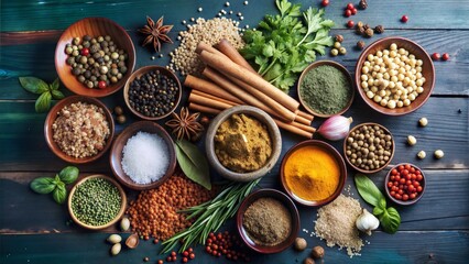 vibrant flat lay showcases a diverse and abundant collection of assorted herbs, spices, and fresh produce, artfully arranged on a dark, textured surface. Small bowls and wooden spoons are filled with 