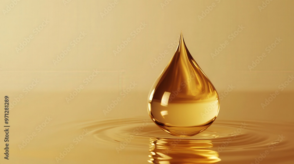 Poster elegant golden water drop in 3d rendering with fluid motion and reflective qualities