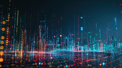 Fototapeta premium A vibrant digital landscape showcasing data visualization with colorful lines and dots representing information flow.