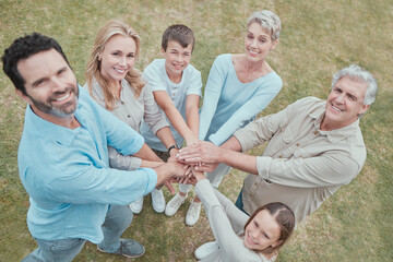 Happy family, hands and portrait together for teamwork, agreement or collaboration in solidarity....