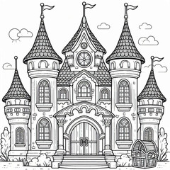 Intricate Fairytale Castle Illustration Perfect for Coloring Book Pages Design