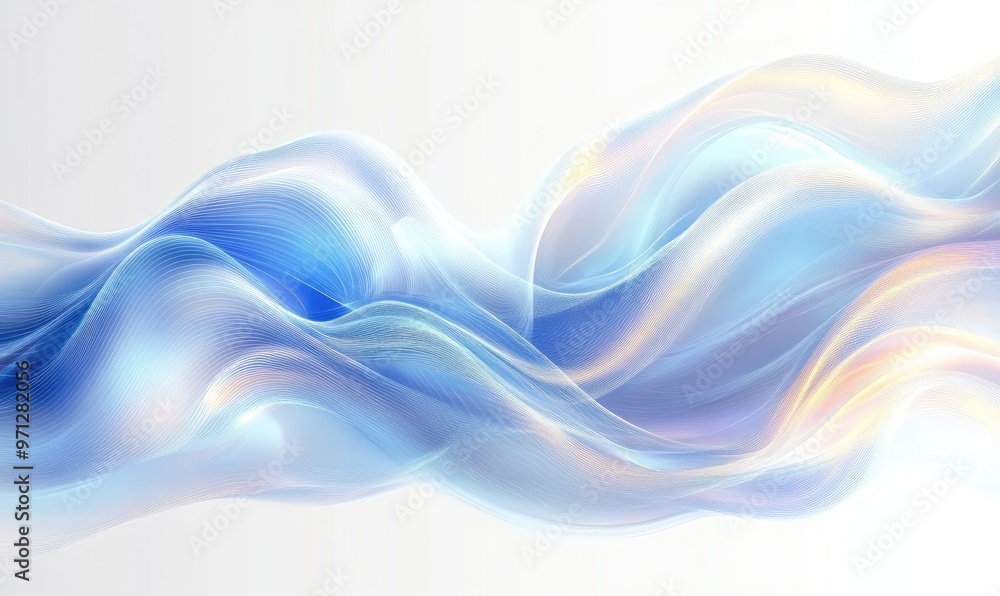 Poster abstract waves in soft blue and white tones create a serene and fluid visual effect.