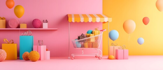 Colorful shopping scene with a cart filled with presents and balloons against vibrant pink and yellow backgrounds.